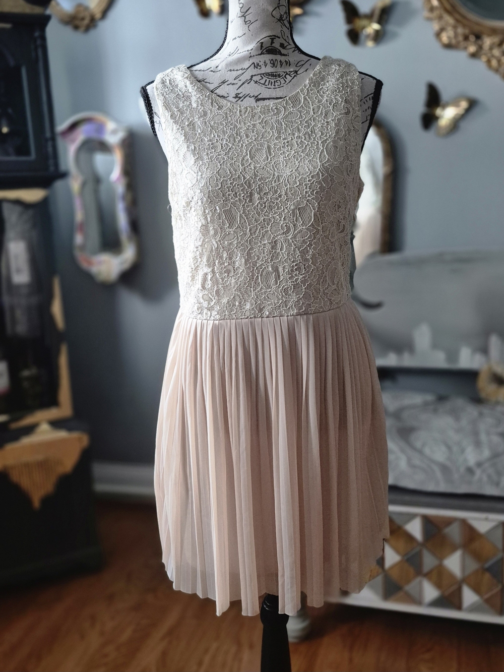 Moon Collection Great Gatsby Style Lace Bodice Pleated Midi Dress Large